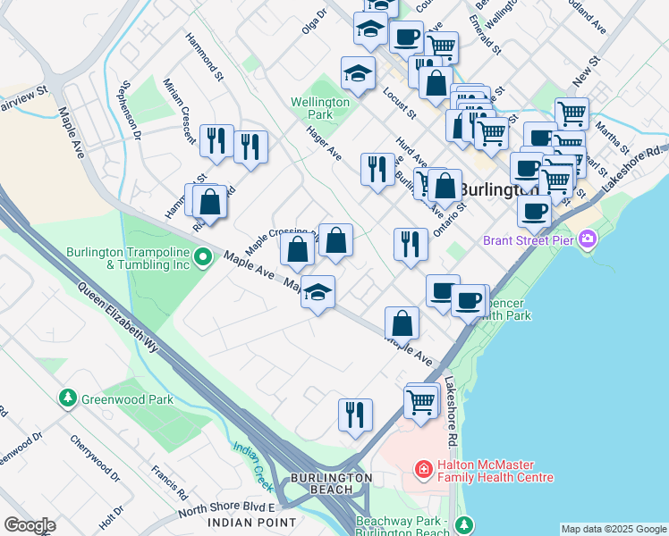 map of restaurants, bars, coffee shops, grocery stores, and more near 1270 Maple Crossing Boulevard in Burlington