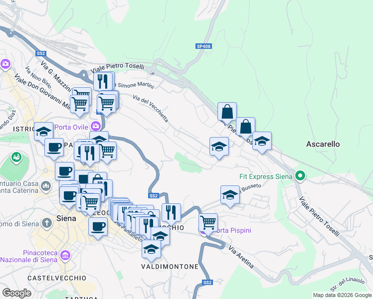 map of restaurants, bars, coffee shops, grocery stores, and more near Via Taddeo di Bartolo in Siena