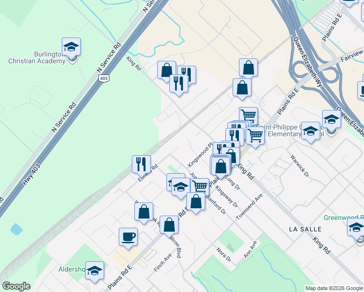 map of restaurants, bars, coffee shops, grocery stores, and more near 570 Enfield Road in Burlington