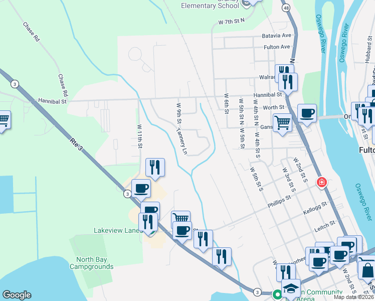 map of restaurants, bars, coffee shops, grocery stores, and more near 131 Tannery Lane in Fulton