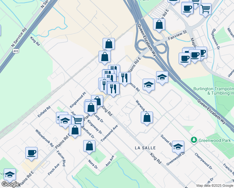 map of restaurants, bars, coffee shops, grocery stores, and more near 975 Warwick Court in Burlington