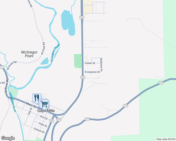 map of restaurants, bars, coffee shops, grocery stores, and more near 118 Evergreen Street in Gays Mills
