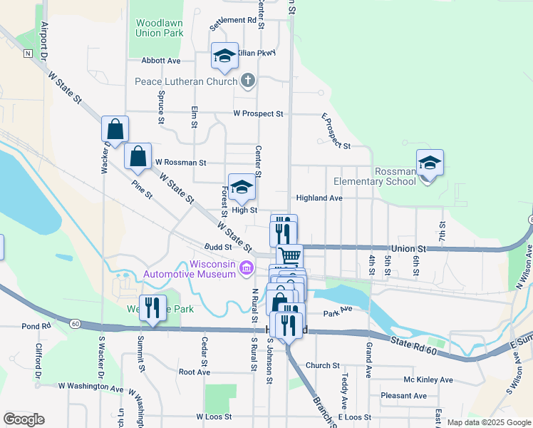 map of restaurants, bars, coffee shops, grocery stores, and more near 447 North Johnson Street in Hartford