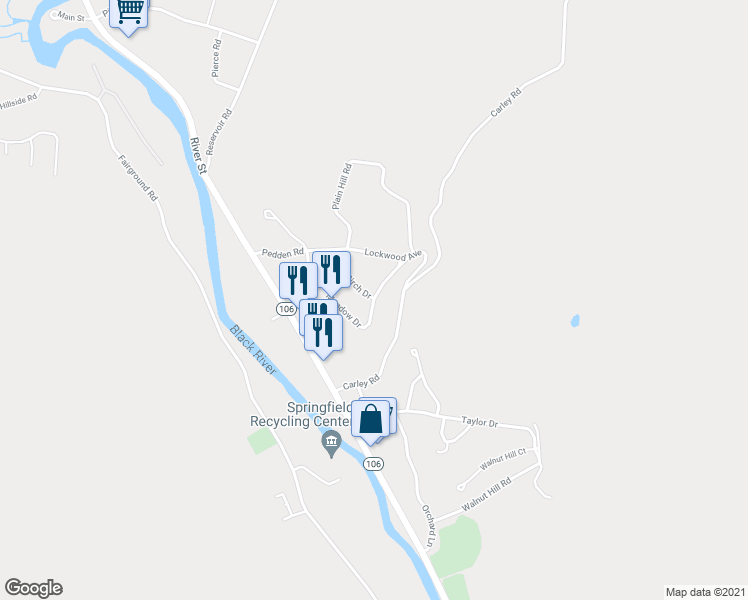 map of restaurants, bars, coffee shops, grocery stores, and more near 27 Meadow Drive in Springfield