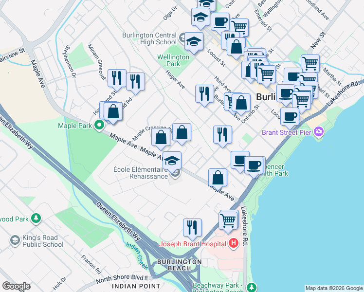 map of restaurants, bars, coffee shops, grocery stores, and more near 399 Elizabeth Street in Burlington