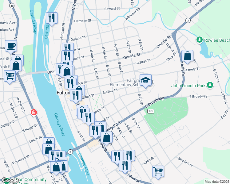 map of restaurants, bars, coffee shops, grocery stores, and more near 502 Buffalo St in Fulton