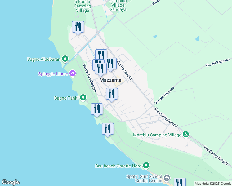 map of restaurants, bars, coffee shops, grocery stores, and more near 43 Via Sardegna in Mazzanta