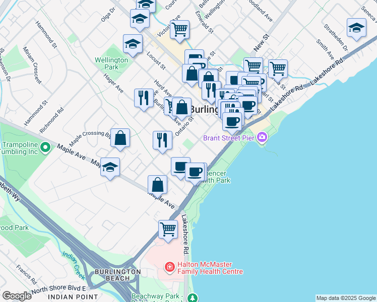 map of restaurants, bars, coffee shops, grocery stores, and more near 1331 Elgin Street in Burlington