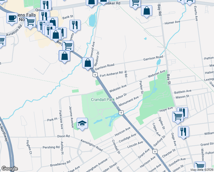 map of restaurants, bars, coffee shops, grocery stores, and more near 607 Glen Street in Glens Falls