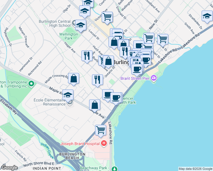 map of restaurants, bars, coffee shops, grocery stores, and more near 1359 Elgin Street in Burlington