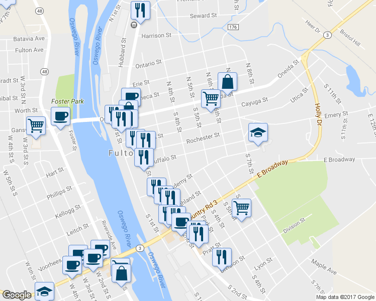 map of restaurants, bars, coffee shops, grocery stores, and more near 111 South 4th Street in Fulton