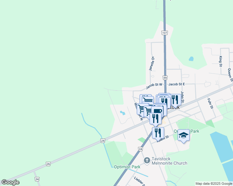 map of restaurants, bars, coffee shops, grocery stores, and more near 153 Jacob Street West in Tavistock