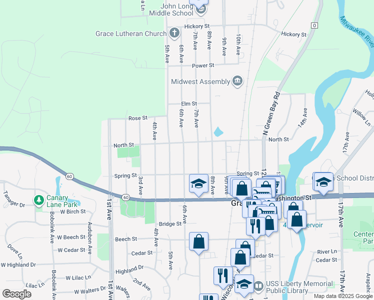 map of restaurants, bars, coffee shops, grocery stores, and more near 1014 6th Avenue in Grafton