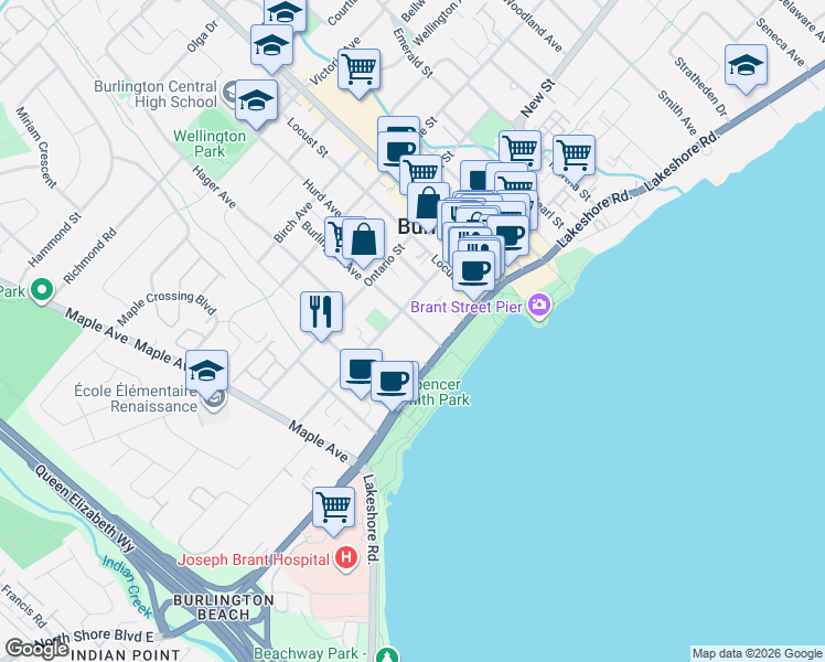 map of restaurants, bars, coffee shops, grocery stores, and more near 432 Burlington Avenue in Burlington
