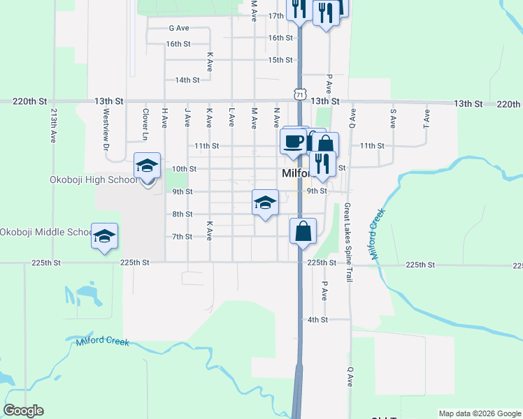 map of restaurants, bars, coffee shops, grocery stores, and more near 1101-1199 8th Street in Milford