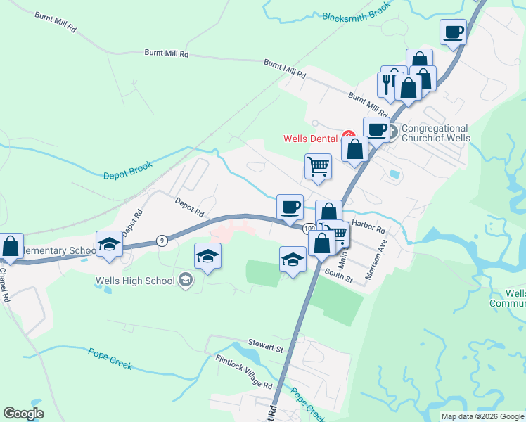 map of restaurants, bars, coffee shops, grocery stores, and more near 86 Sanford Road in Wells