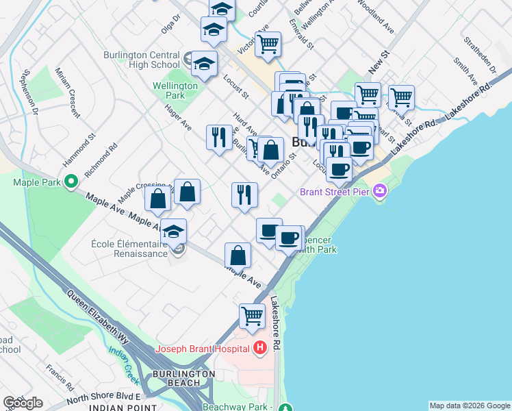 map of restaurants, bars, coffee shops, grocery stores, and more near 1354 Ontario Street in Burlington
