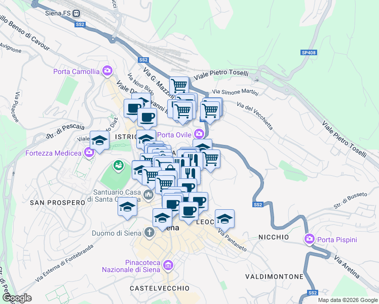 map of restaurants, bars, coffee shops, grocery stores, and more near Via Degli Orti in Siena