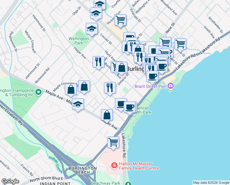 map of restaurants, bars, coffee shops, grocery stores, and more near 1354 Ontario Street in Burlington
