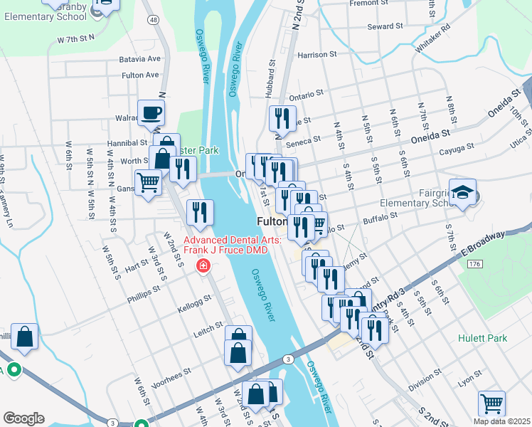 map of restaurants, bars, coffee shops, grocery stores, and more near in Fulton