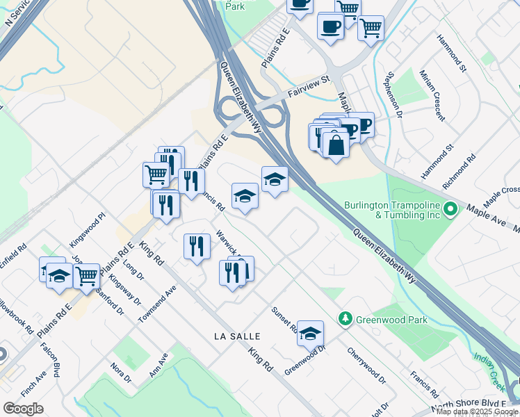 map of restaurants, bars, coffee shops, grocery stores, and more near 901 Francis Road in Burlington