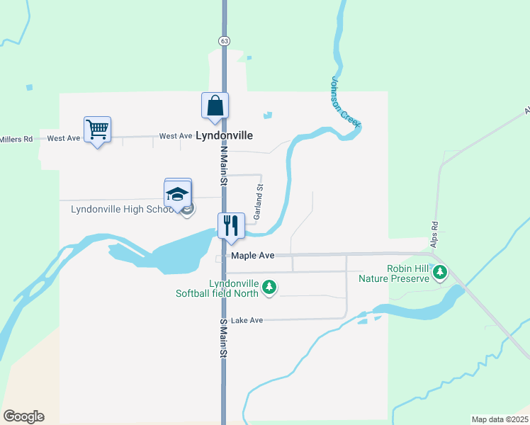 map of restaurants, bars, coffee shops, grocery stores, and more near 11 Garland Street in Lyndonville