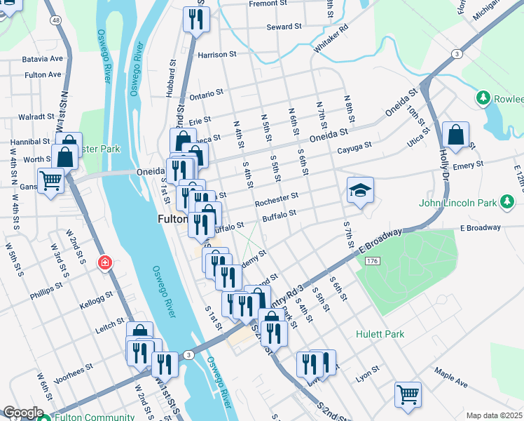 map of restaurants, bars, coffee shops, grocery stores, and more near 111 South 4th Street in Fulton
