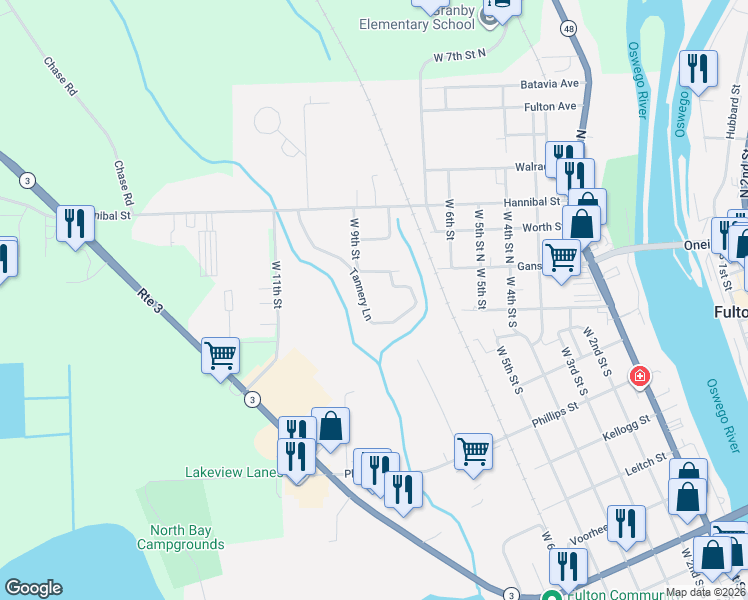 map of restaurants, bars, coffee shops, grocery stores, and more near 131 Tannery Lane in Fulton