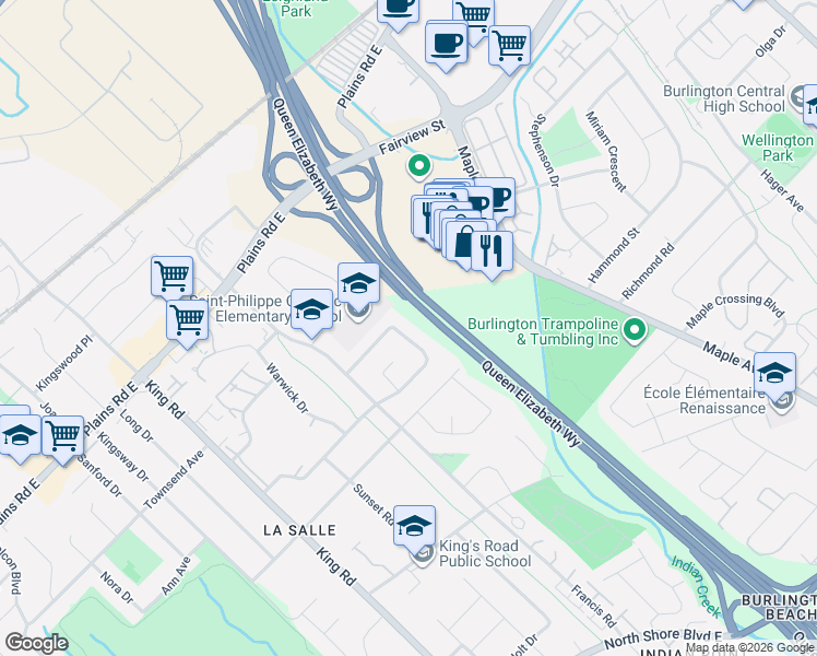 map of restaurants, bars, coffee shops, grocery stores, and more near 1066 Marley Crescent in Burlington