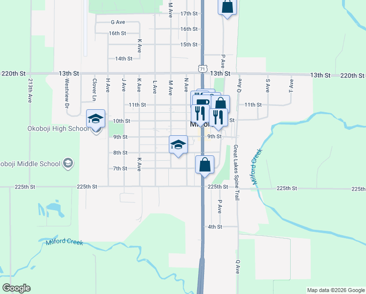 map of restaurants, bars, coffee shops, grocery stores, and more near 1000-1098 8th Street in Milford