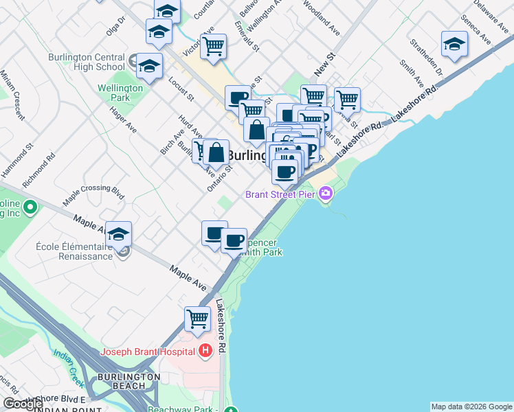 map of restaurants, bars, coffee shops, grocery stores, and more near 425 Burlington Avenue in Burlington