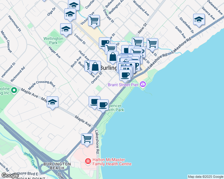 map of restaurants, bars, coffee shops, grocery stores, and more near 425 Burlington Avenue in Burlington