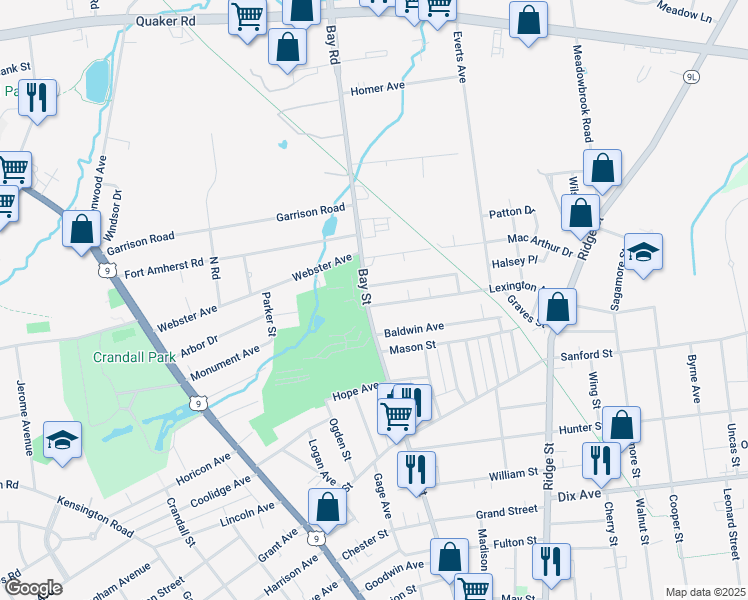 map of restaurants, bars, coffee shops, grocery stores, and more near 203 Bay Street in Glens Falls