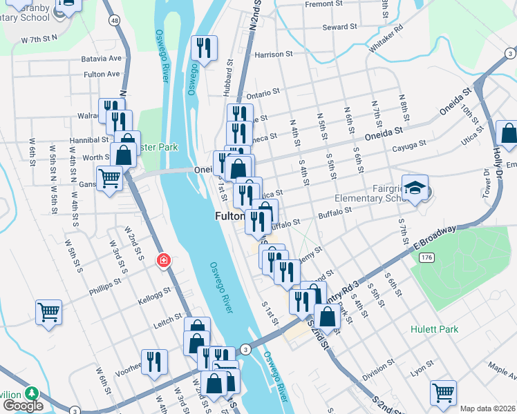 map of restaurants, bars, coffee shops, grocery stores, and more near 67 South 2nd Street in Fulton