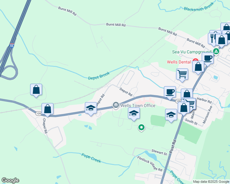 map of restaurants, bars, coffee shops, grocery stores, and more near 68 Depot Road in Wells
