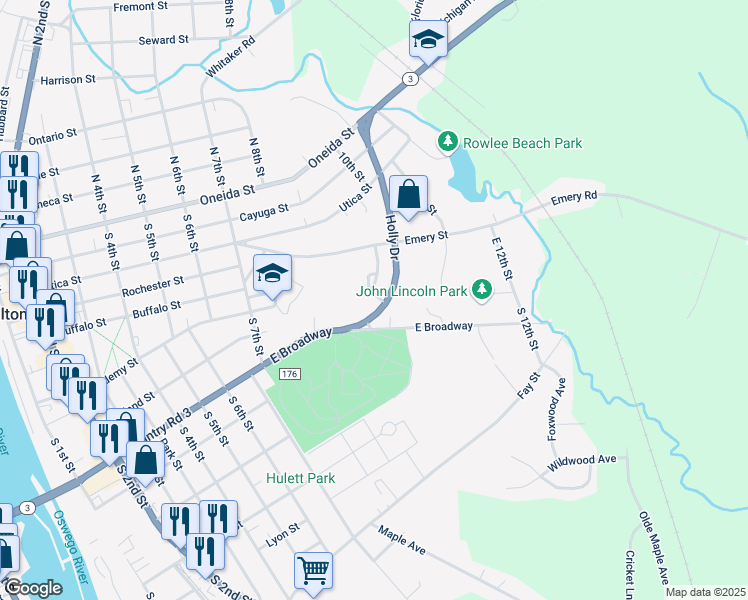 map of restaurants, bars, coffee shops, grocery stores, and more near 1 Maple Crest Lane in Fulton