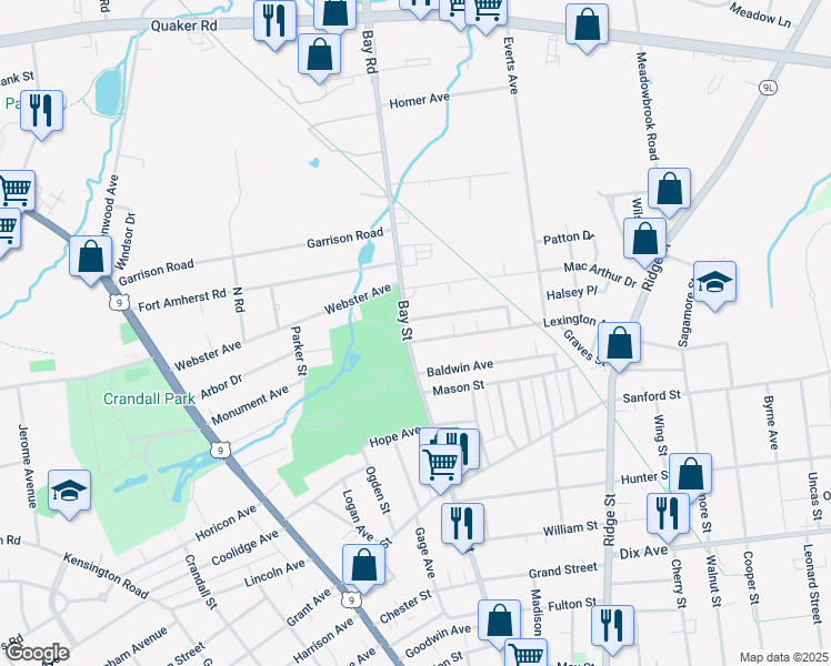 map of restaurants, bars, coffee shops, grocery stores, and more near 203 Bay Street in Glens Falls