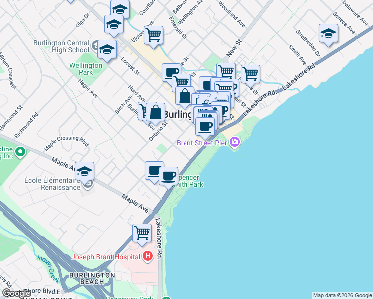 map of restaurants, bars, coffee shops, grocery stores, and more near in Burlington