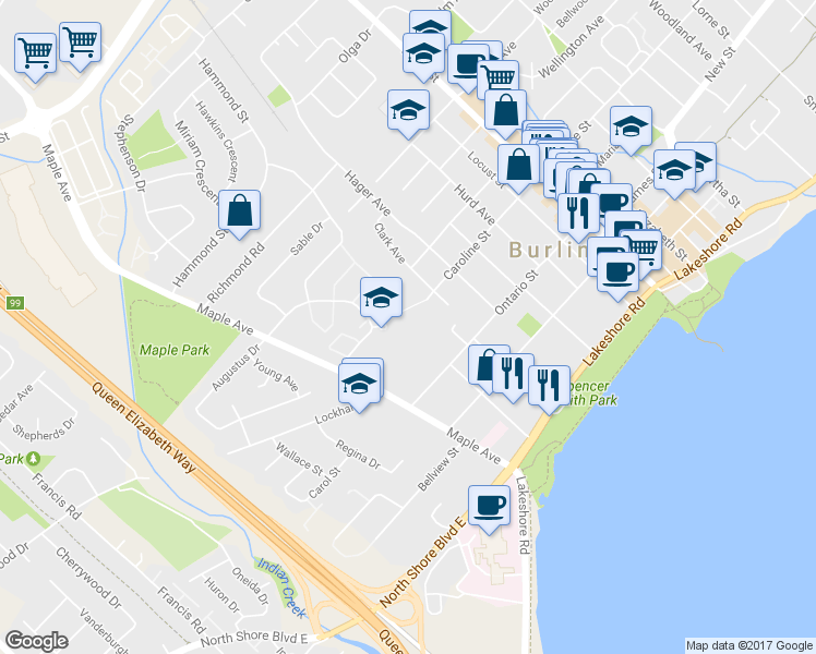 map of restaurants, bars, coffee shops, grocery stores, and more near in Burlington