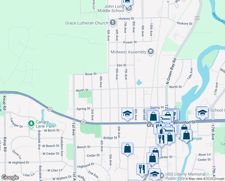map of restaurants, bars, coffee shops, grocery stores, and more near 1009 5th Avenue in Grafton