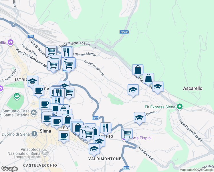 map of restaurants, bars, coffee shops, grocery stores, and more near Via Duccio di Boninsegna in Siena