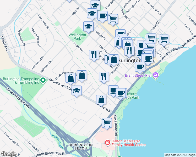 map of restaurants, bars, coffee shops, grocery stores, and more near 1335 Ontario Street in Burlington