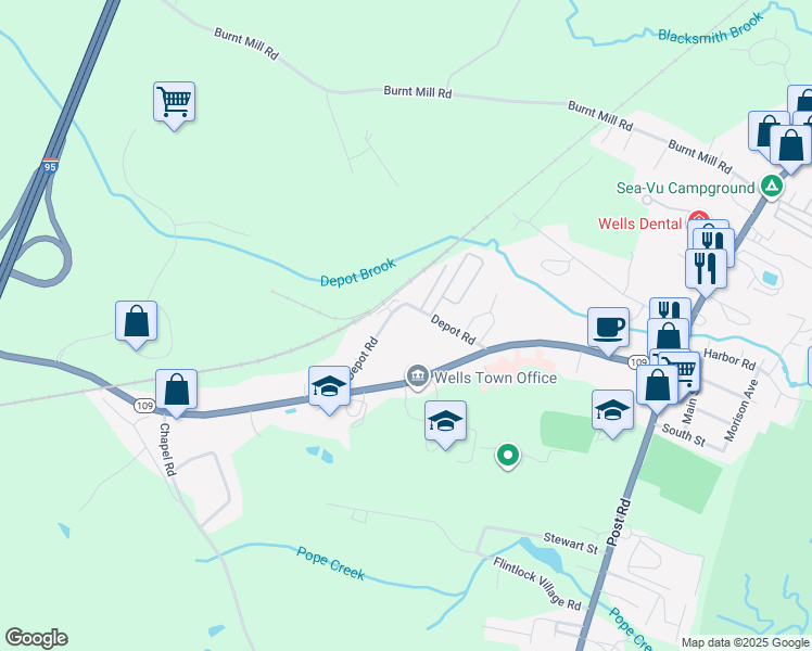 map of restaurants, bars, coffee shops, grocery stores, and more near 68 Depot Road in Wells