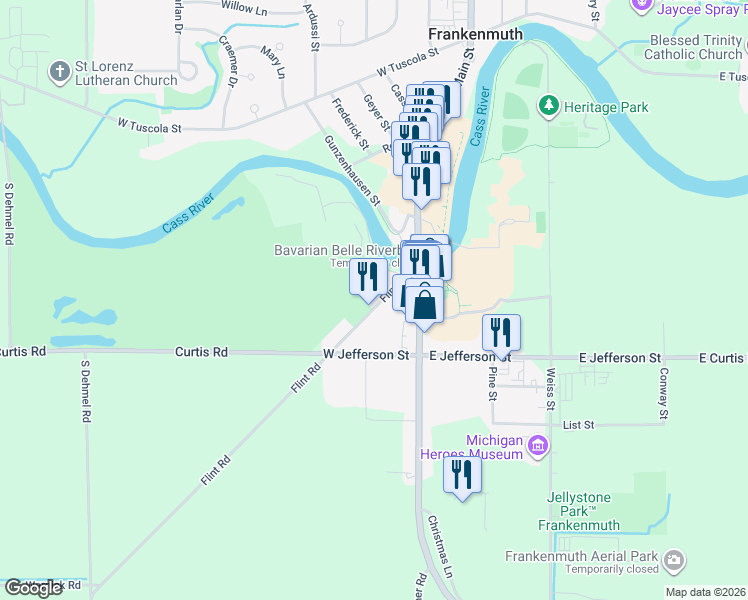 map of restaurants, bars, coffee shops, grocery stores, and more near 955 Flint Street in Frankenmuth