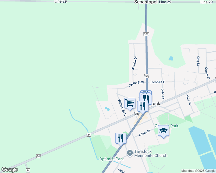 map of restaurants, bars, coffee shops, grocery stores, and more near 153 Jacob Street West in Tavistock