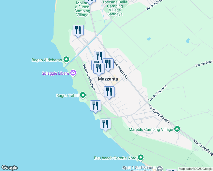 map of restaurants, bars, coffee shops, grocery stores, and more near 43 Via Sardegna in Mazzanta