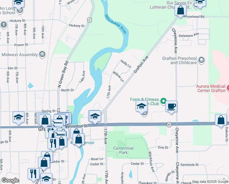 map of restaurants, bars, coffee shops, grocery stores, and more near 1011 Grafton Avenue in Grafton