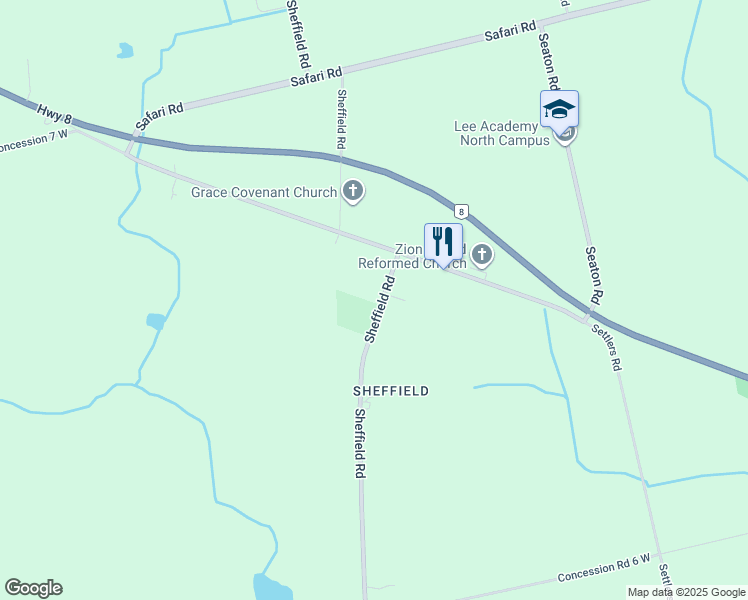 map of restaurants, bars, coffee shops, grocery stores, and more near 1235 Sheffield Road in Hamilton