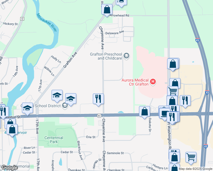 map of restaurants, bars, coffee shops, grocery stores, and more near 1051 Cheyenne Avenue in Grafton