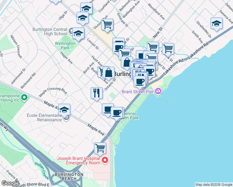 map of restaurants, bars, coffee shops, grocery stores, and more near 454 Burlington Avenue in Burlington